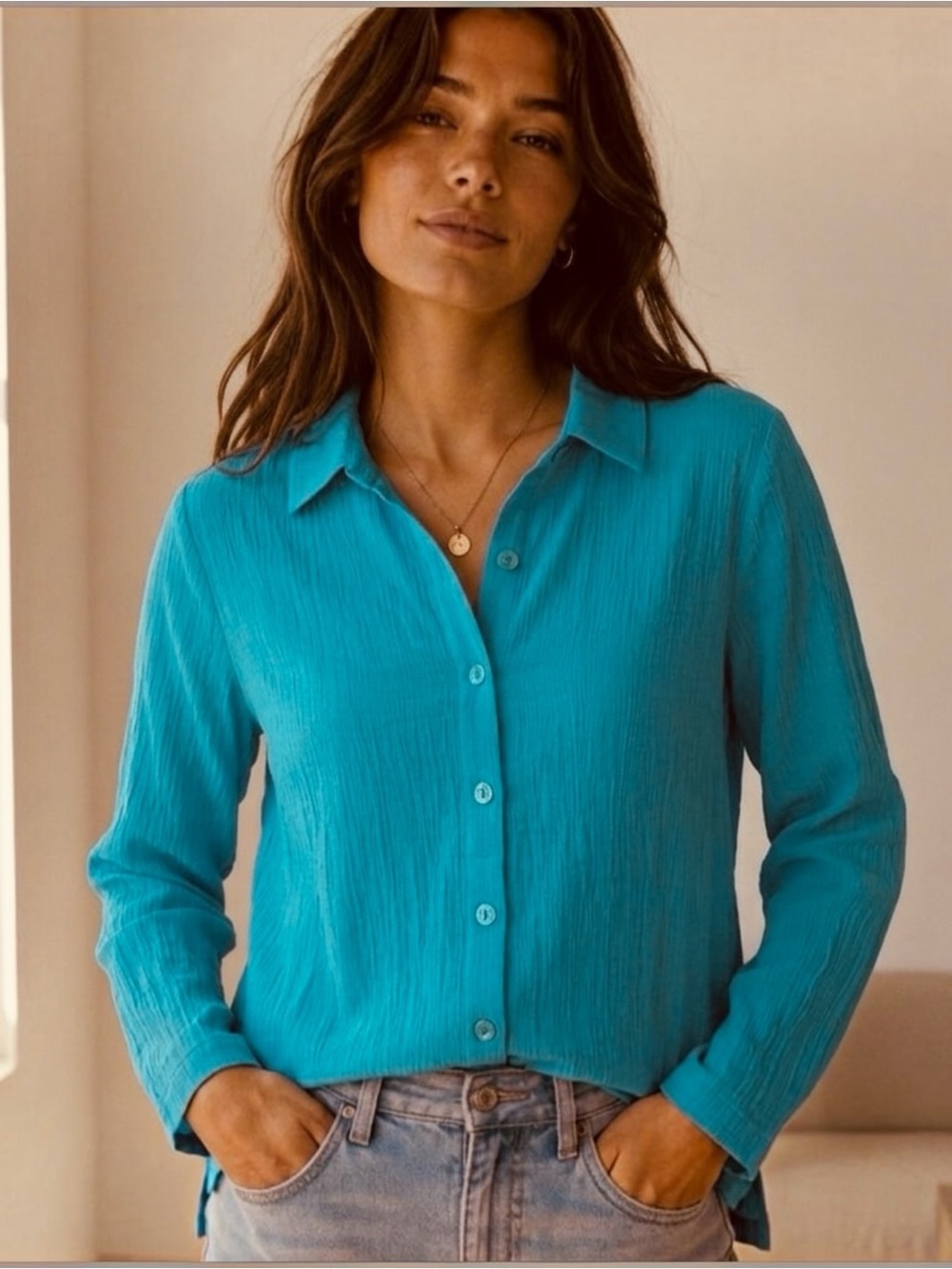 Travelsmith Cotton Crinkle Turquoise Long Sleeve Tunic Blouse Side Slits XL